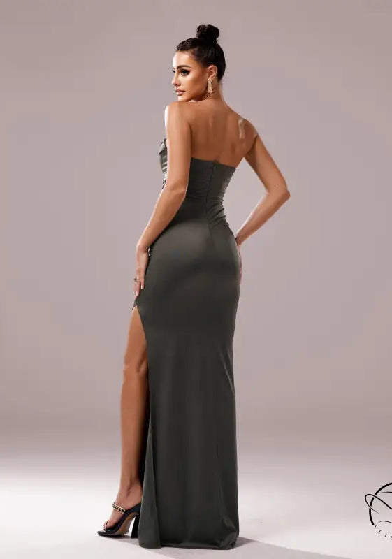 Strapless olive green cocktail evening dress with thigh-high slit