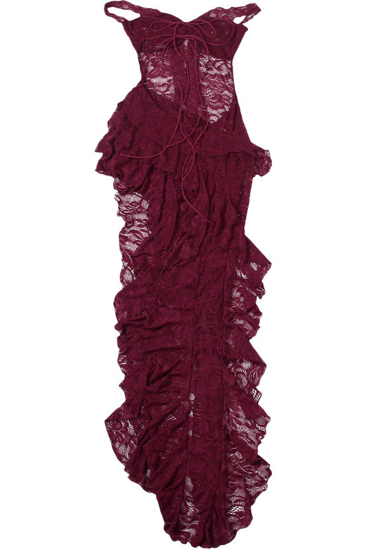 Elegant burgundy lace ruffled bodysuit in langry fashion ملابس