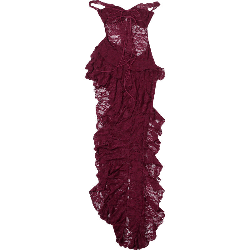 Elegant burgundy lace ruffled bodysuit in langry fashion ملابس