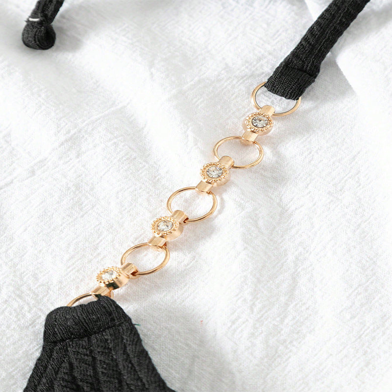 Black fabric strap with gold and rhinestone chain on women beach spring bikini swimsuit