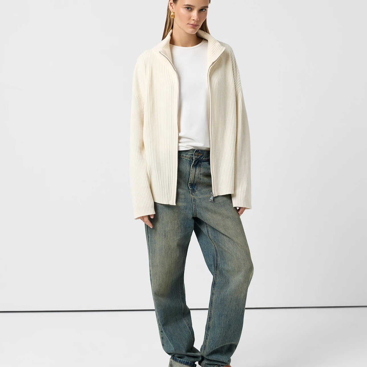 Cozy Langry half high collar wool zipper cardigan with regular sleeve