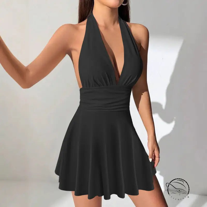 Stunning black halter-neck backless mini dress in langry fashion ملابس