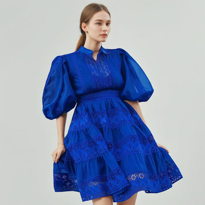 Royal blue Langry puff sleeve lace embroidery short dress