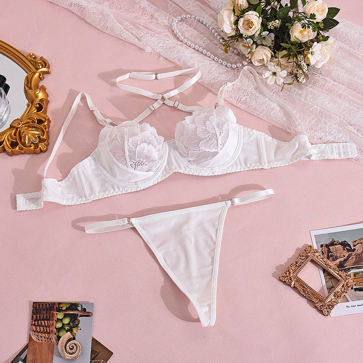 White lace Sao Three Point Teasing Lingerie with floral embroidery
