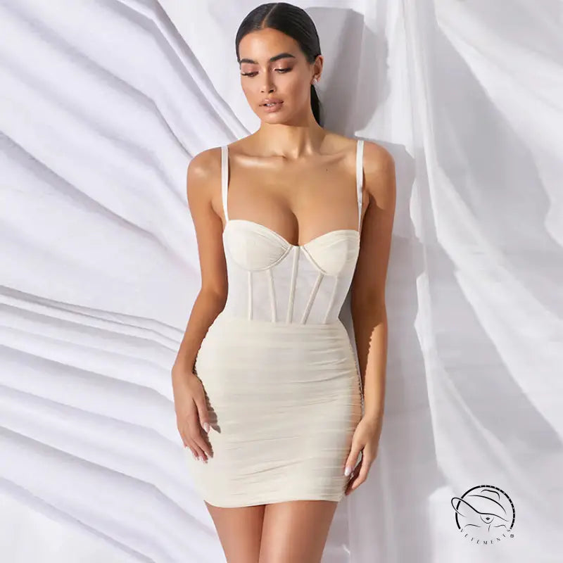Elegant design sling boning corset dress in form-fitting ivory mini style