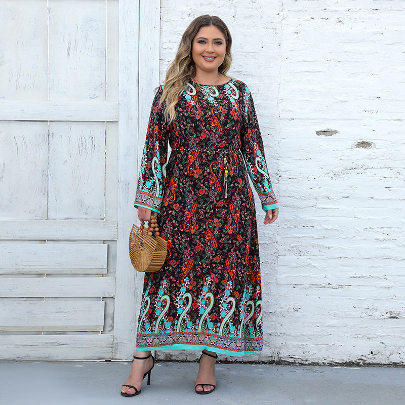 Ethnic Loose Maxi Dress Cashew Printed Long Sleeve