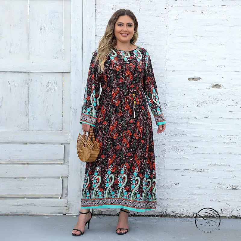 Ethnic Loose Maxi Dress Cashew Printed Long Sleeve