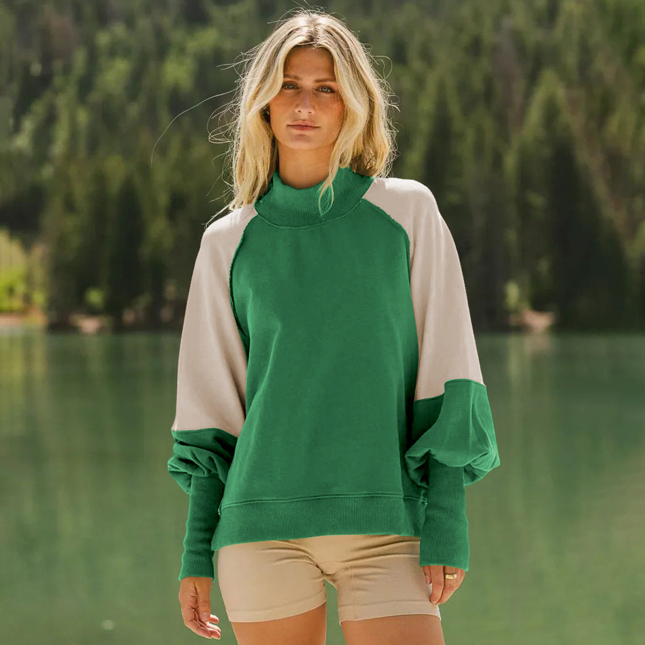 Green and white Langry fashion turtleneck sweater with balloon sleeves