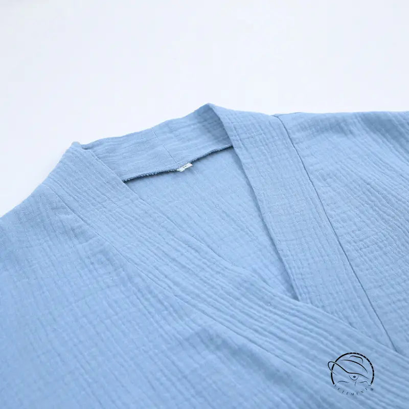 Light blue crinkled pure cotton casual nightgown with V-neck wrap top