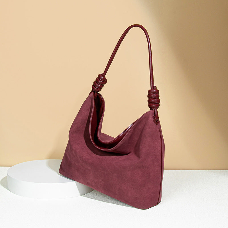 Luxury Frosted Office Bucket Bag with Burgundy leather hobo and knotted handles for fashion enthusiasts