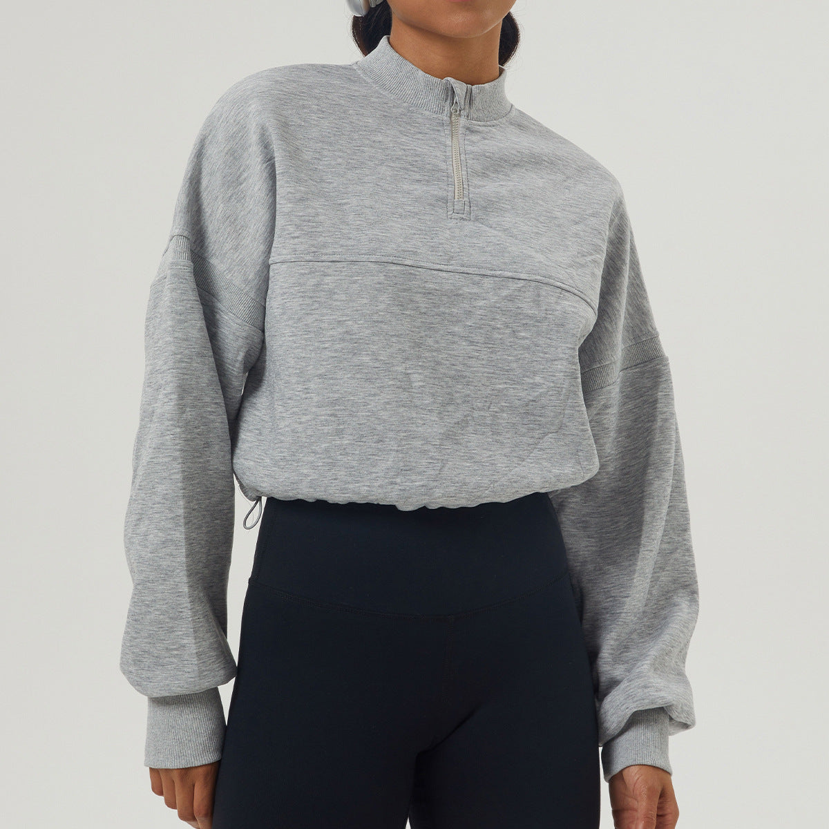 Gray textured long sleeve quarter-zip cropped sweatshirt for casual fashion and yoga