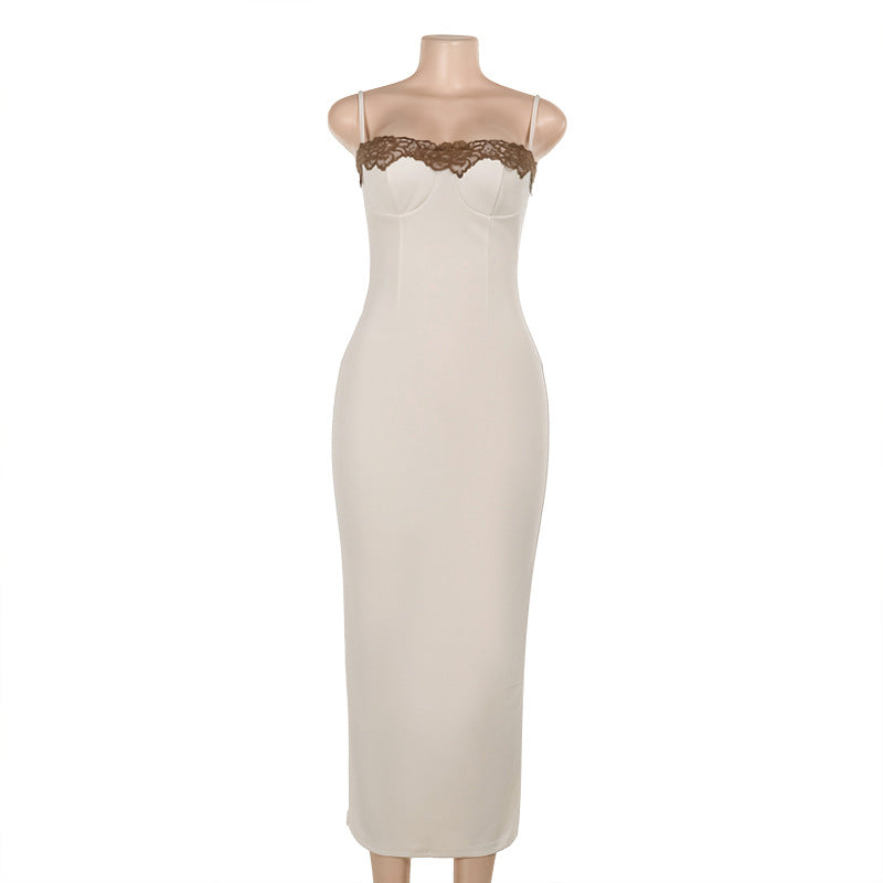Beige midi dress with lace trim, an elegant slim fit fashion piece from Langry ملابس