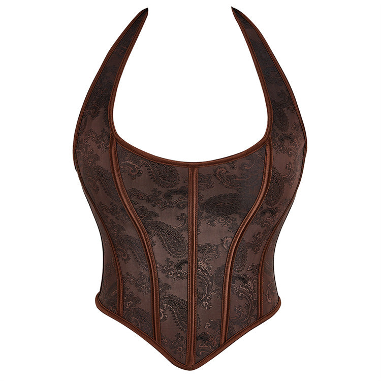 Dark brown tube top halter women court body shaping corset with paisley design