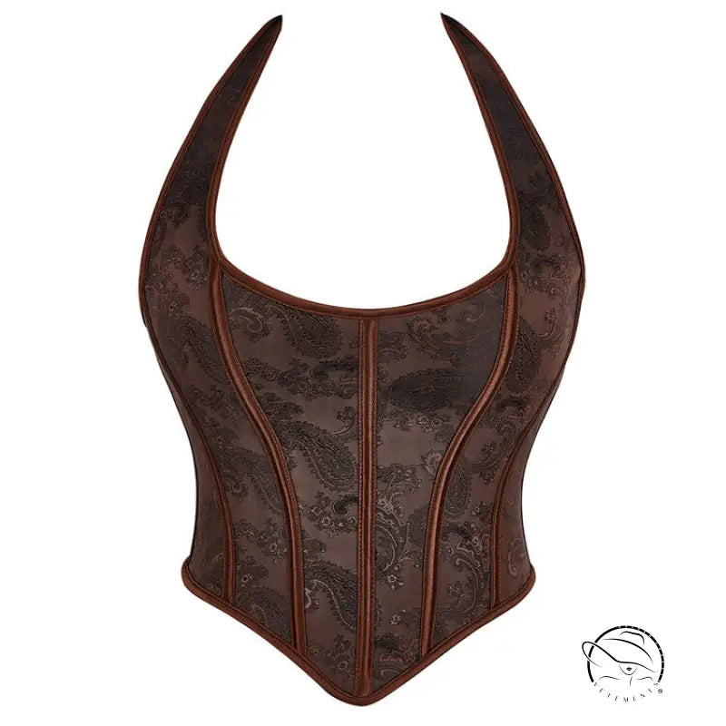 Dark brown tube top with brown paisley halter corset design