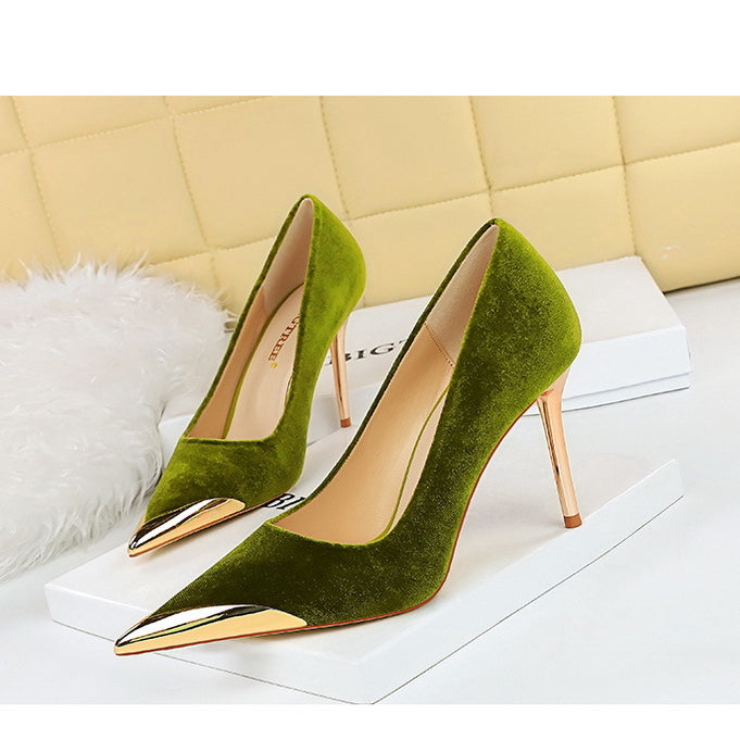 Olive green velvet pumps with gold pointed toe caps for elegant fashion styles