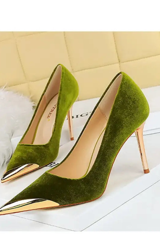 Langry olive green velvet pumps with gold pointed toe caps and stiletto heels for fashion