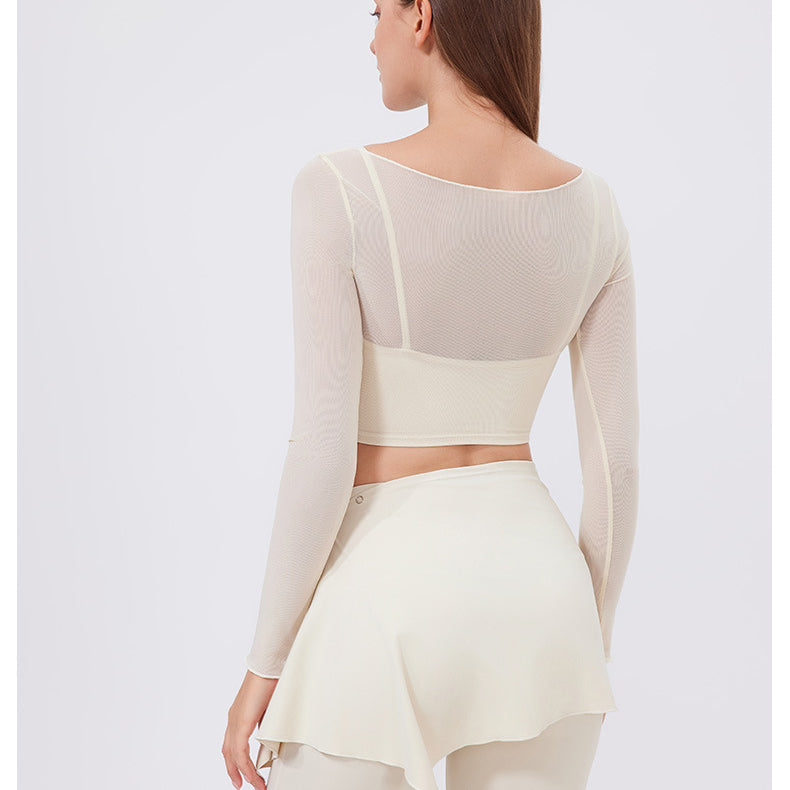 Faux Two Piece Mesh Sports t Shirt Women Long Sleeve with Chest Pad Yoga Clothes Cropped Top Quick Drying Slimming