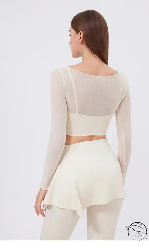 Cream faux two piece mesh sports long sleeve cropped top