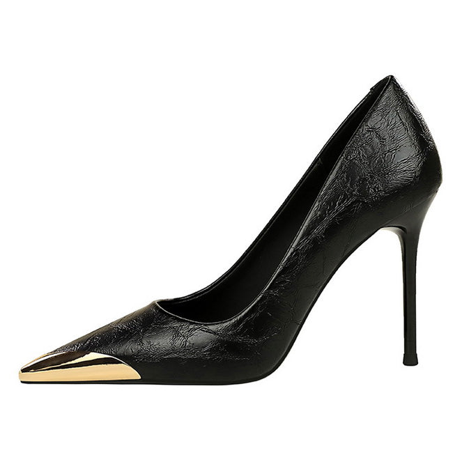 Langry fashion black patent leather high heel with gold toe cap