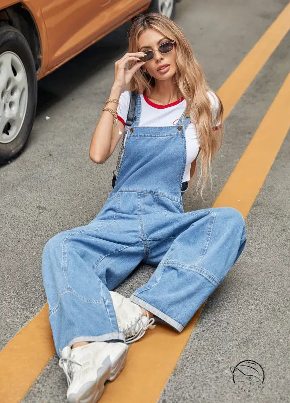 Casual denim jumpsuit with sneakers