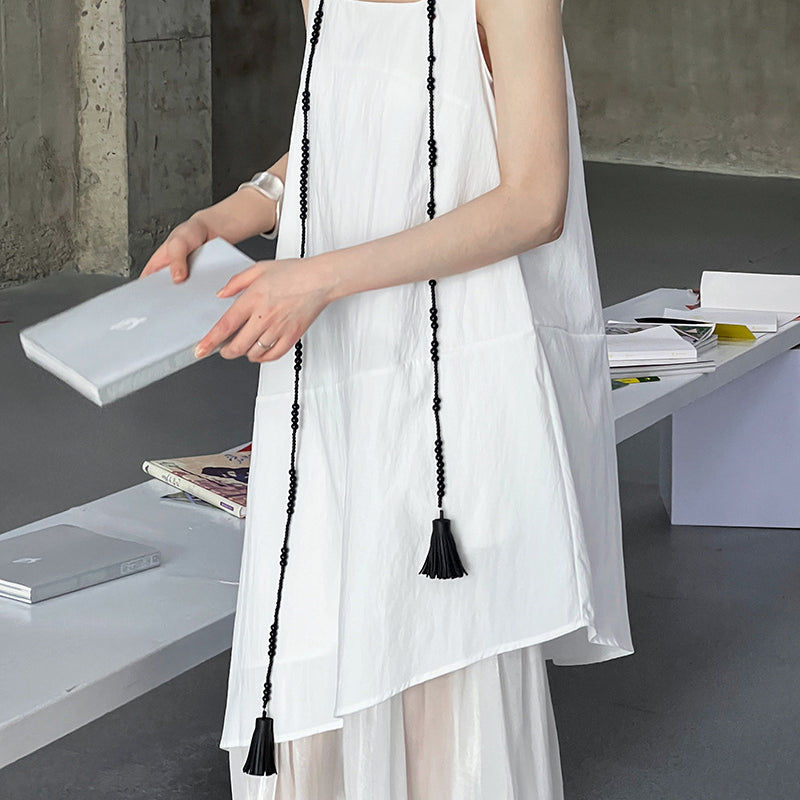White sleeveless layered dress with black tasseled rope in Elegant Korean Style