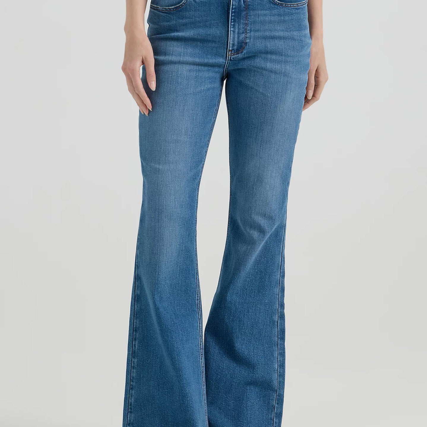 Medium-wash flared denim jeans with high waist, part of Comfy Embroidered Micro Stretch Jeans fashion
