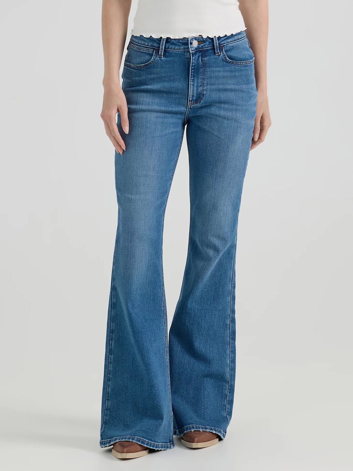 Medium-wash flared denim jeans with high waist, part of Comfy Embroidered Micro Stretch Jeans fashion