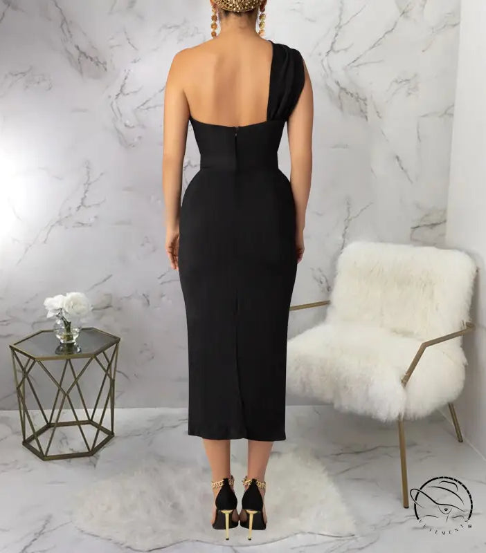 Black langry one-shoulder midi dress with fitted bodice and back zipper