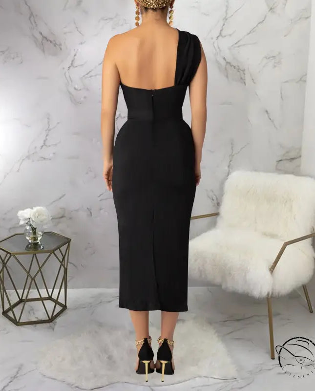 Black langry one-shoulder midi dress with fitted bodice and back zipper
