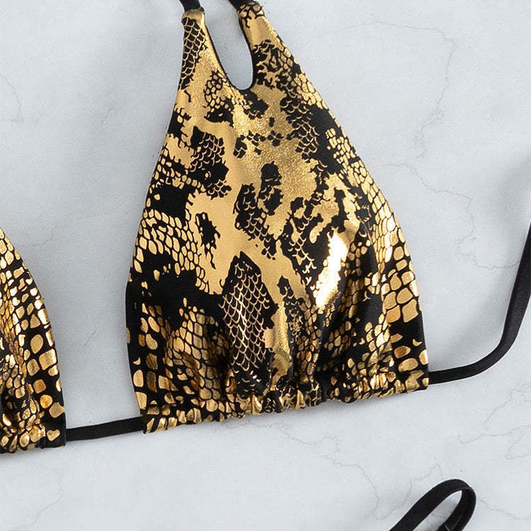 Gold and black snakeskin bikini top in summer printed snakeskin pattern with halter three point design