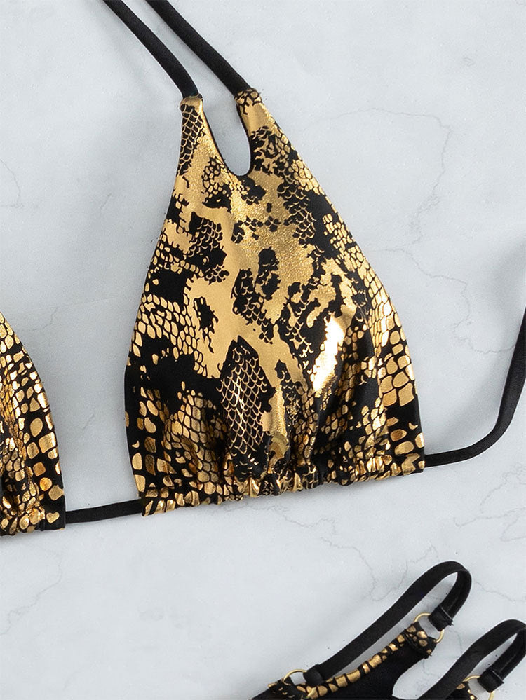 Gold and black snakeskin bikini top in summer printed snakeskin pattern with halter three point design