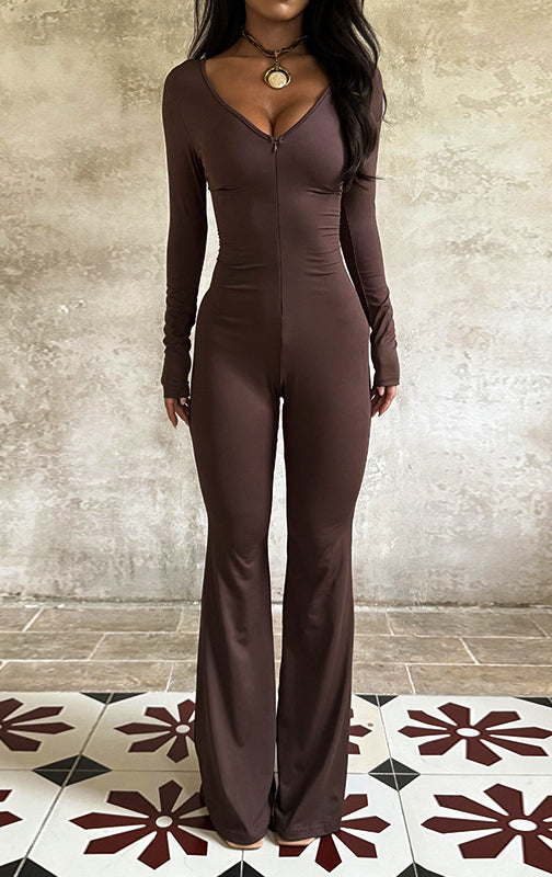 Sleek langry fashion brown jumpsuit with V-neck and zipper