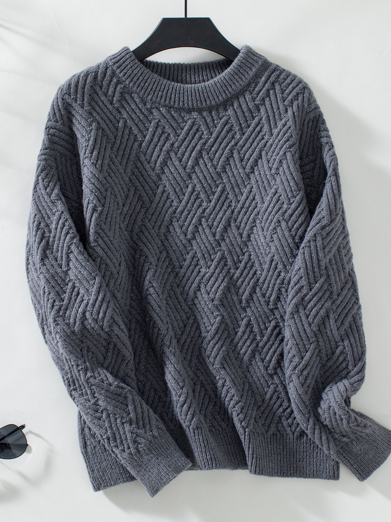 Charcoal gray cable knit crew neck sweater with herringbone pattern