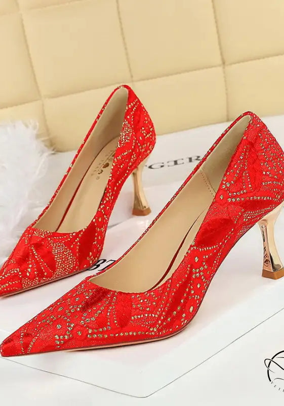 Langry fashion red pointed toe heels with rhinestones