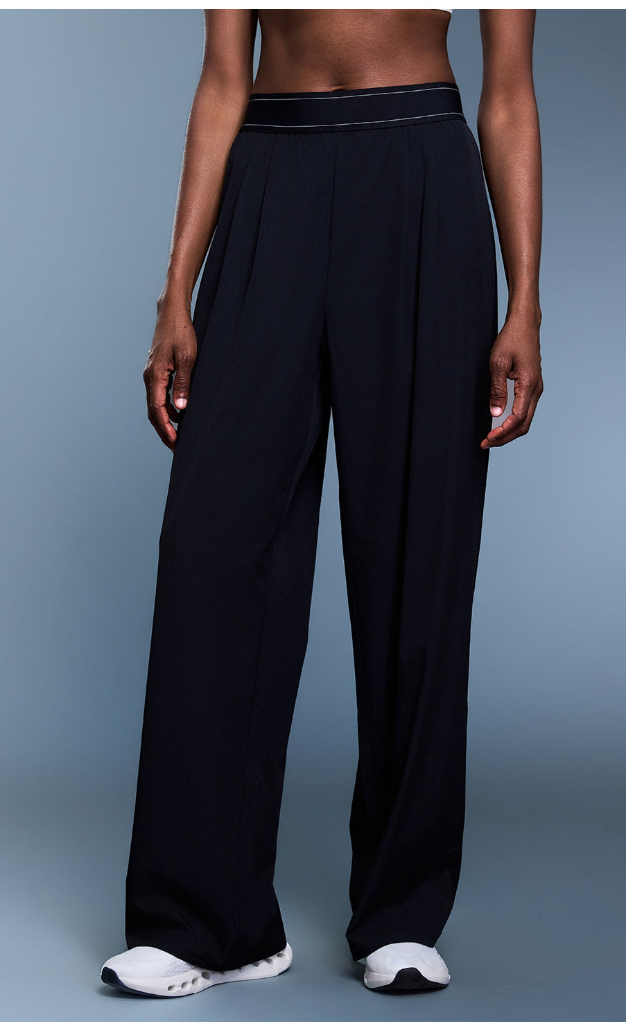 Black Lululemon yoga pants with white piping, elastic waistband, langry fashion ملابس