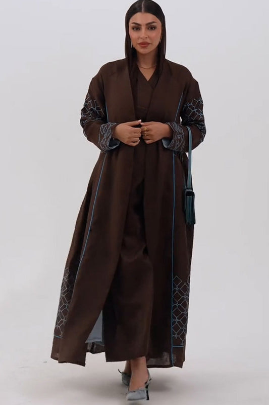 Brown abaya-style multicolor maxi dress with black lace sleeves
