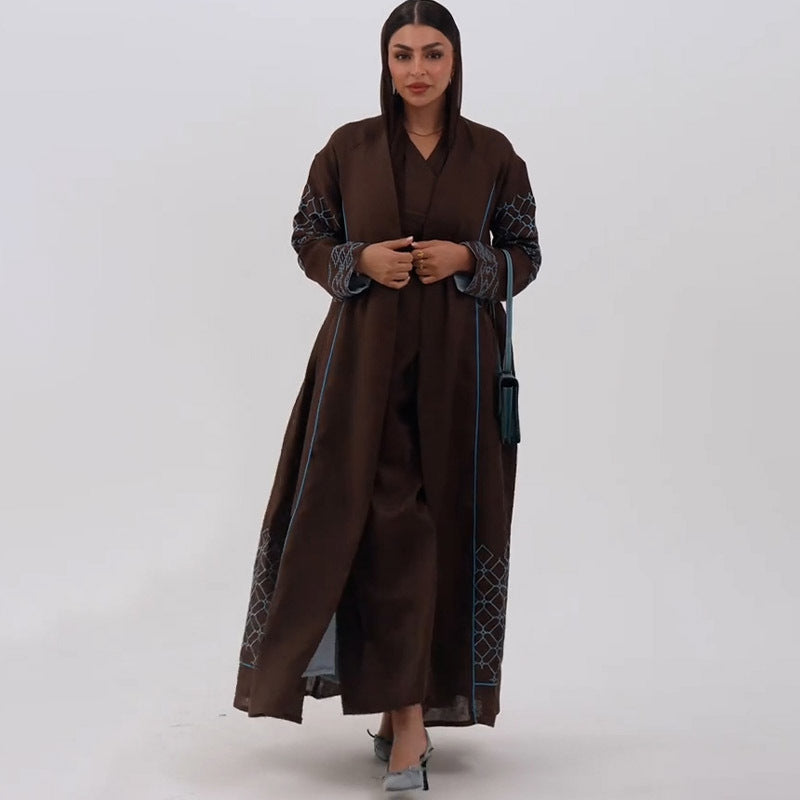 Brown abaya-style multicolor maxi dress with black lace sleeves