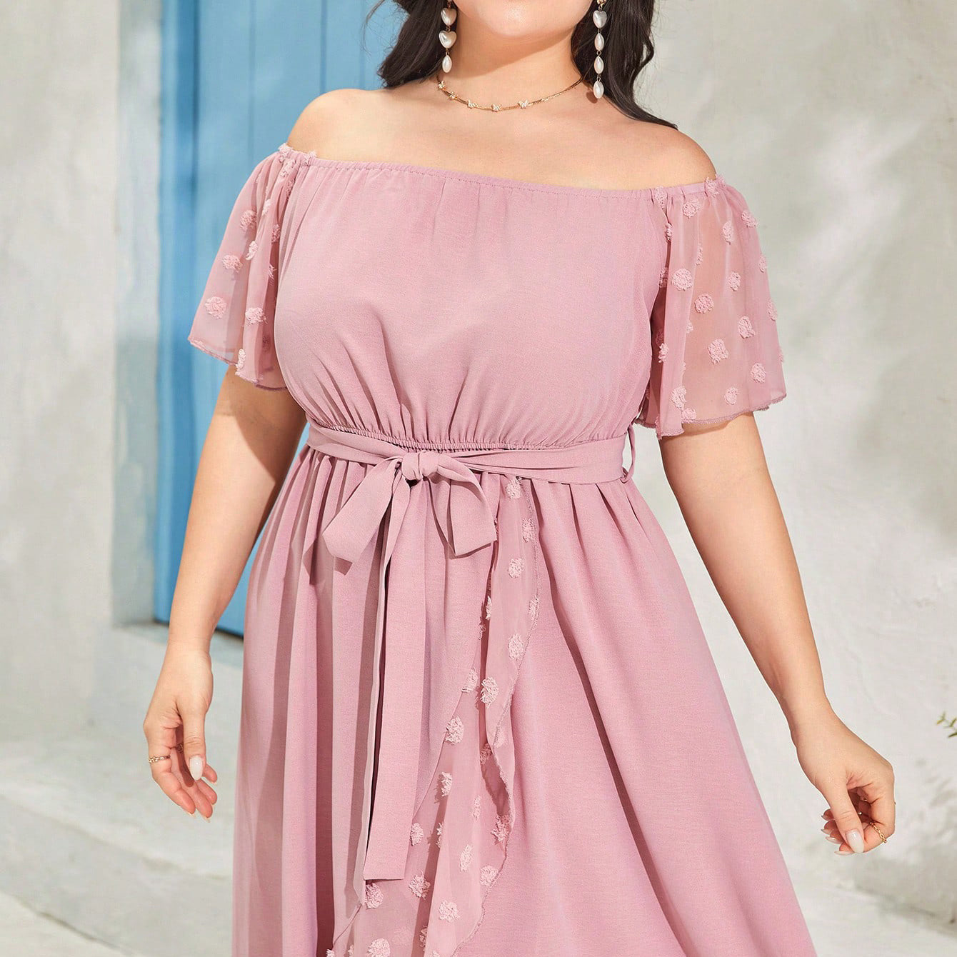 Dusty pink off-the-shoulder midi dress with sheer polka-dotted butterfly sleeves for elegant fashion and ملابس style