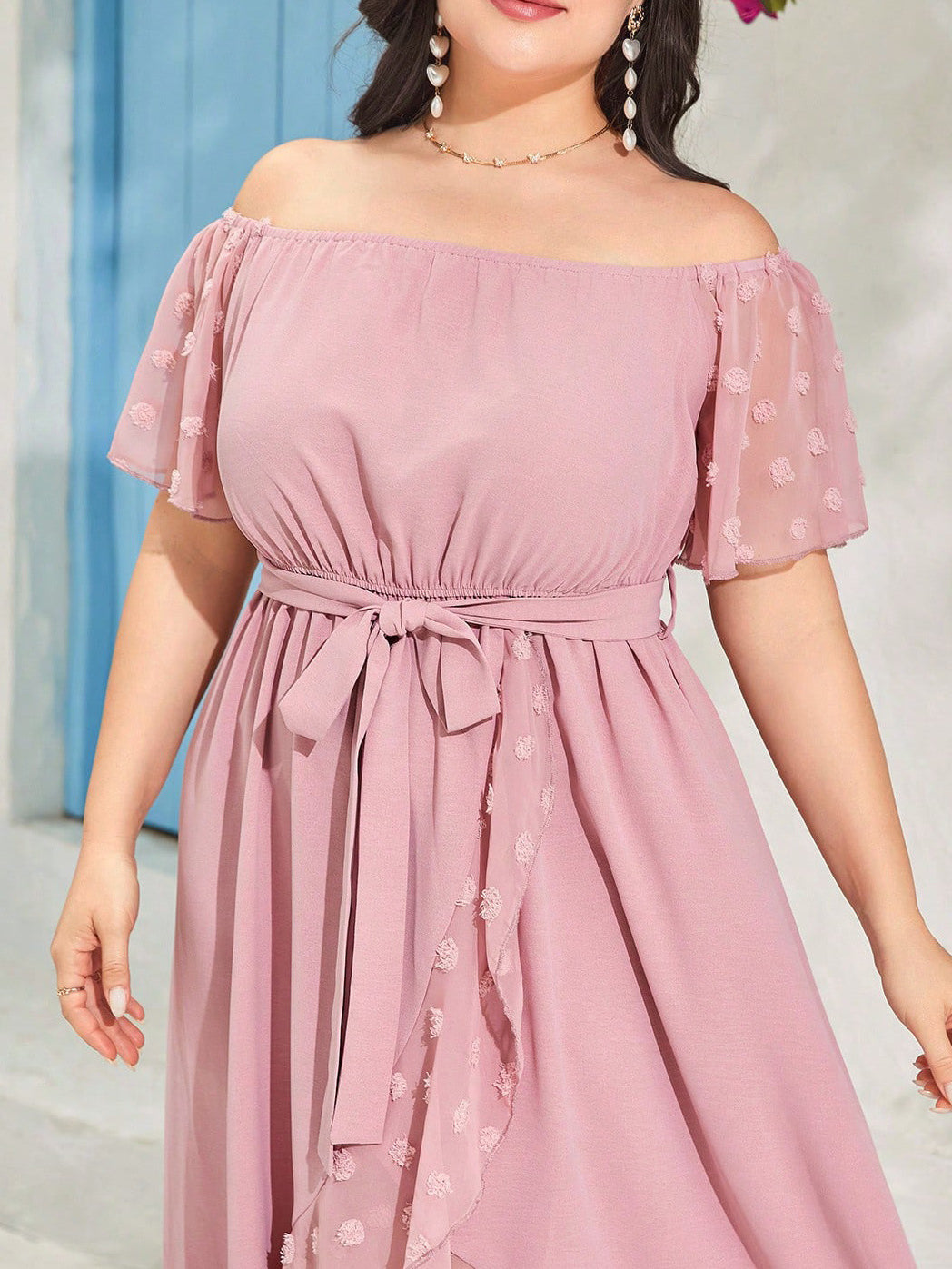 Dusty pink off-the-shoulder midi dress with sheer polka-dotted butterfly sleeves for elegant fashion and ملابس style