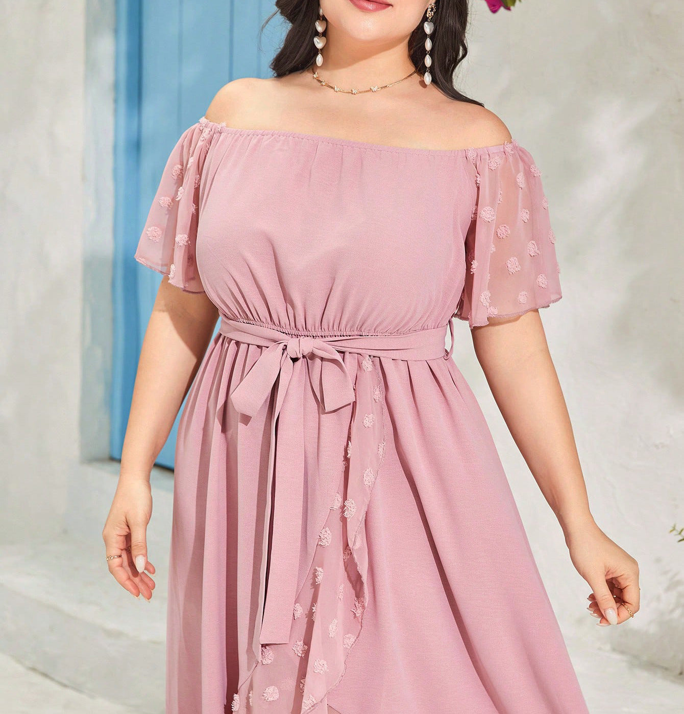 Dusty pink off-the-shoulder midi dress with sheer polka-dotted butterfly sleeves for elegant fashion and ملابس style
