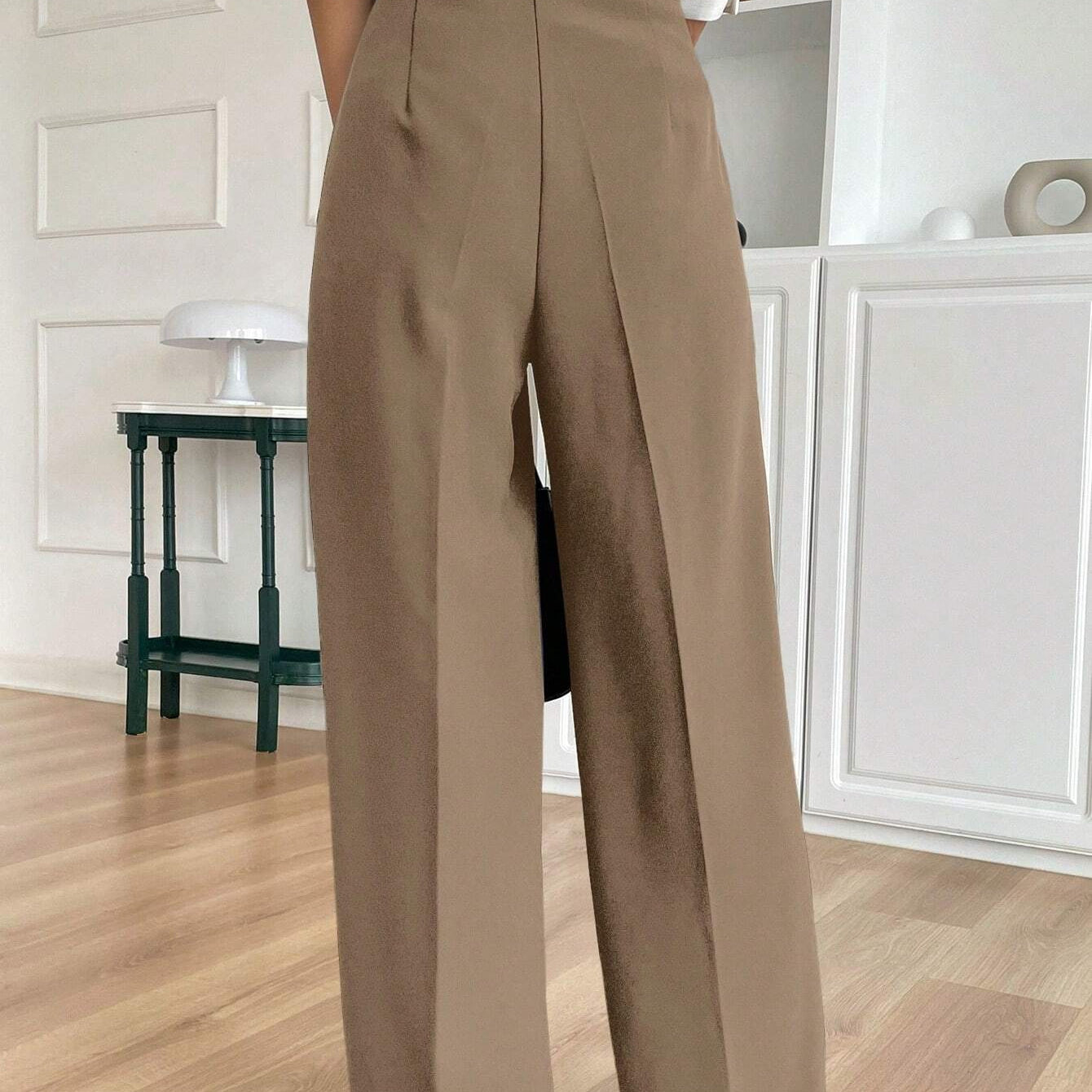 Langry beige high-waisted wide-leg fashion pants, slimming straight design