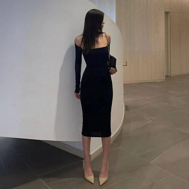 Black off-the-shoulder midi dress in Beautiful Slim Fit Sheath Dress for elegant fashion