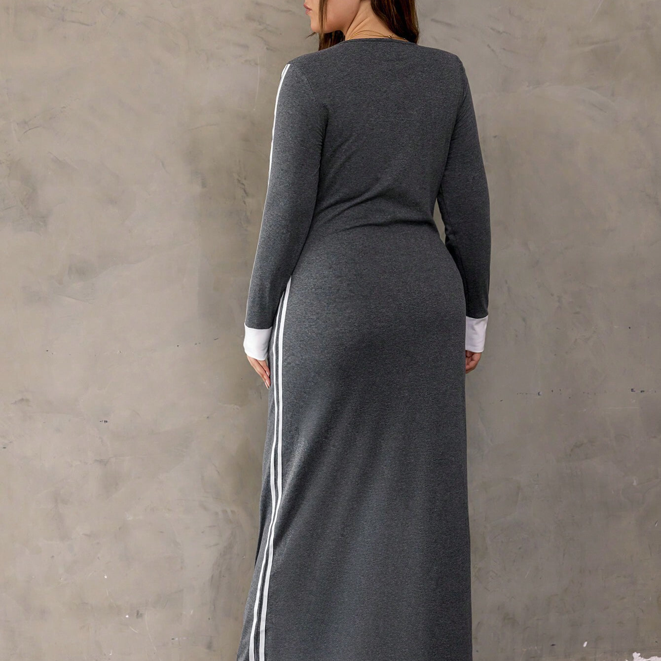 Gray maxi dress with white stripes from Gorgeous Winter Maxi Dress collection for fashion enthusiasts
