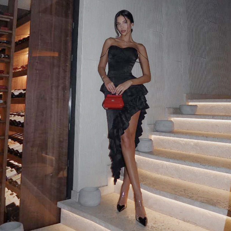 Stunning Ruffled Slit Sling Dress featuring a strapless black gown and stylish stiletto heels