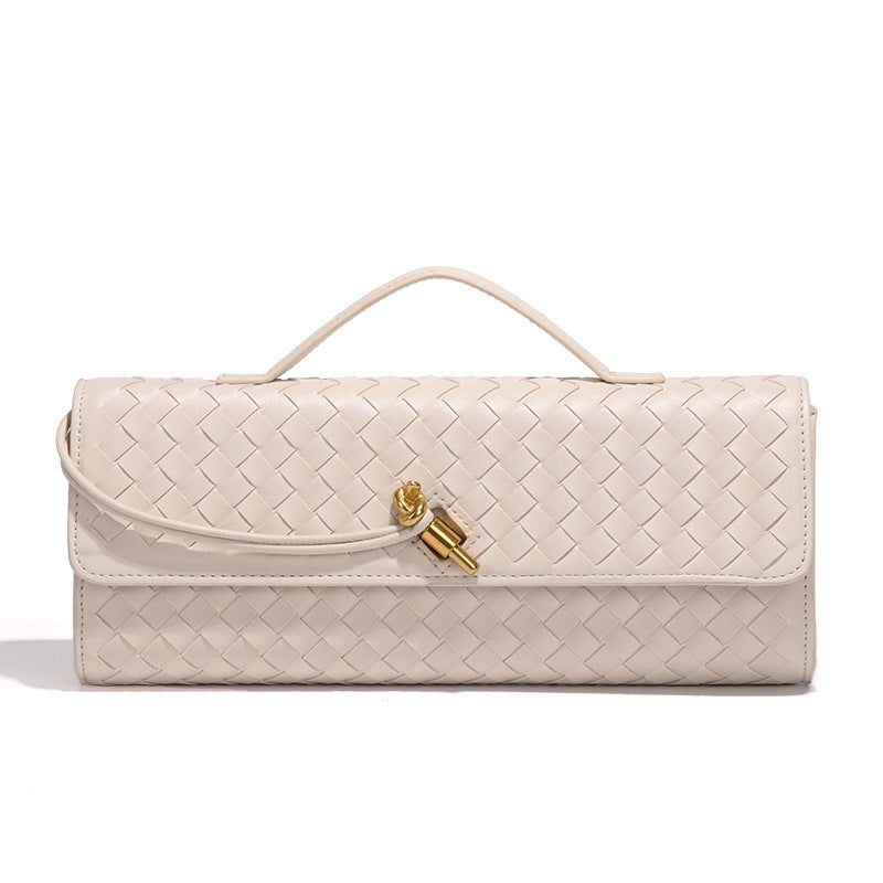 Woven leather handbag with gold clasp, ideal for fashion and ملابس enthusiasts