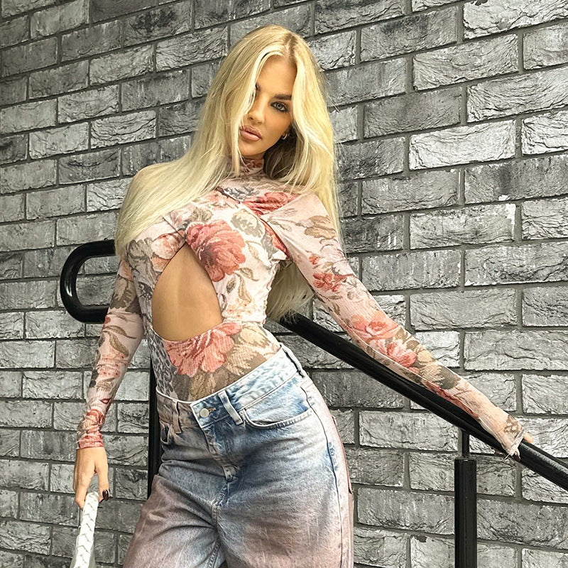 Fashion image of a blonde woman in floral bodysuit and jeans for Floral Tight Hollow Out Cutout Corset