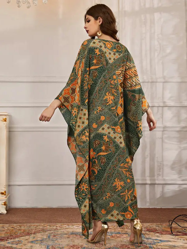 Elegant V-neck batwing sleeve langry fashion dress in dark green and orange floral patterns