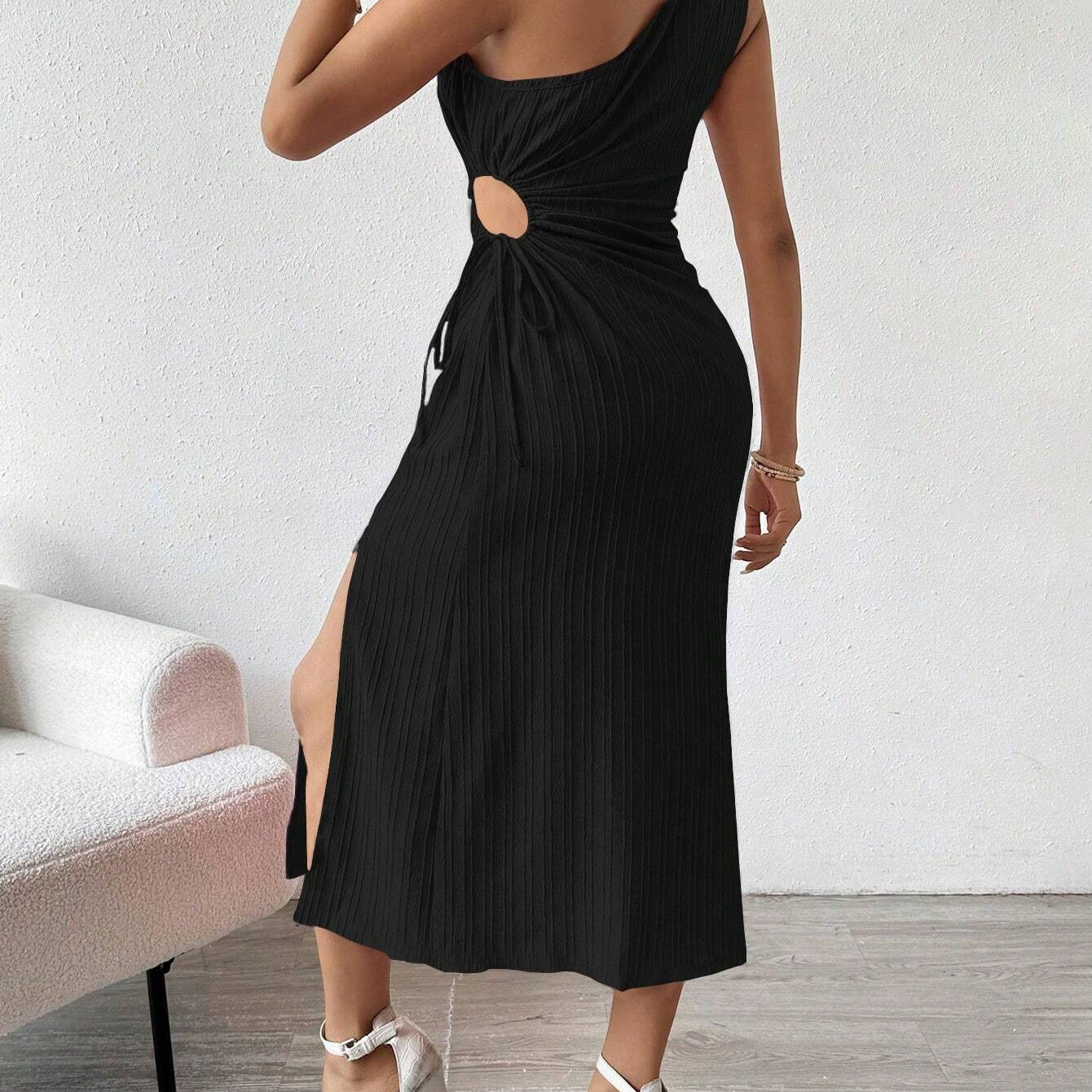 Elegant Sleeveless Shoulder Slit Dress in black, a stylish choice for langry fashion ملابس