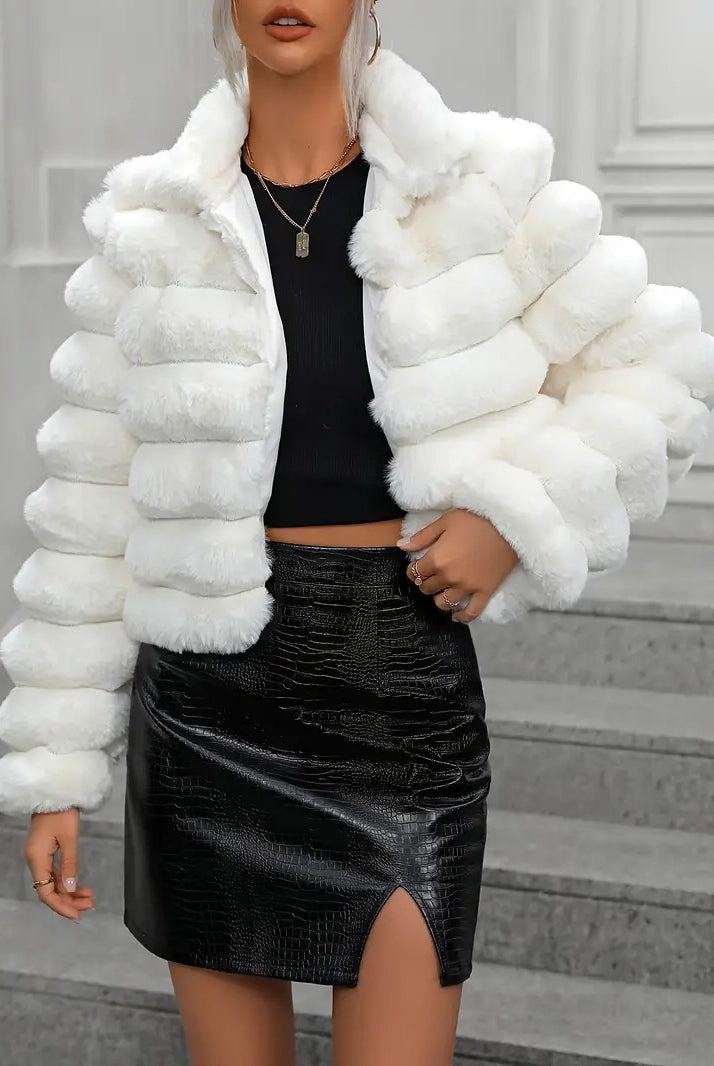 White faux fur jacket from Autumn Winter Faux collection, stylish winter faux fur coat for women