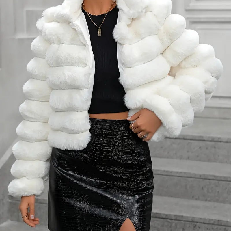 White faux fur jacket from Autumn Winter Faux collection, stylish winter faux fur coat for women